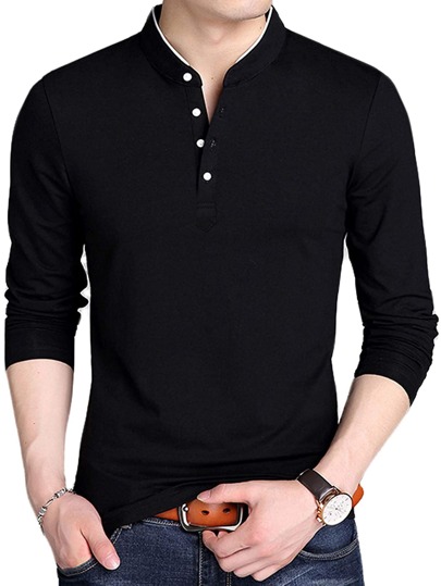 Men's 95% Cotton Stand Collar Button-Up Long Sleeve Polo Shirt, Suitable For Golf And Autumn Wear
