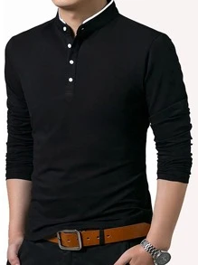 男士95%棉立领长袖Polo衫，纽扣开襟，适合高尔夫和秋季穿着