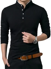 男士95%棉立领长袖Polo衫，纽扣开襟，适合高尔夫和秋季穿着