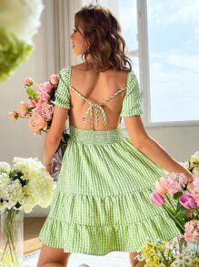 Gingham Tie Backless Sweetheart Neck Puff Sleeve Ruffle Hem Dress - Multicolor - View 2