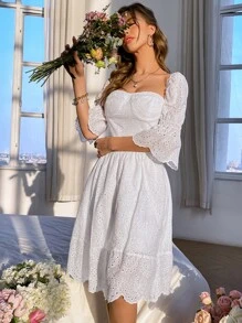 SHEIN Unity Vestido con bordado con ojal de manga con volante ribete en abanico bajo con fruncido - Blanco - Ver 4