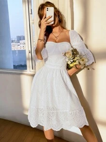 SHEIN Unity Vestido con bordado con ojal de manga con volante ribete en abanico bajo con fruncido - Blanco - Ver 5