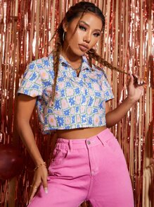 Allover Floral Print Crop Shirt - Multicolor - View 1