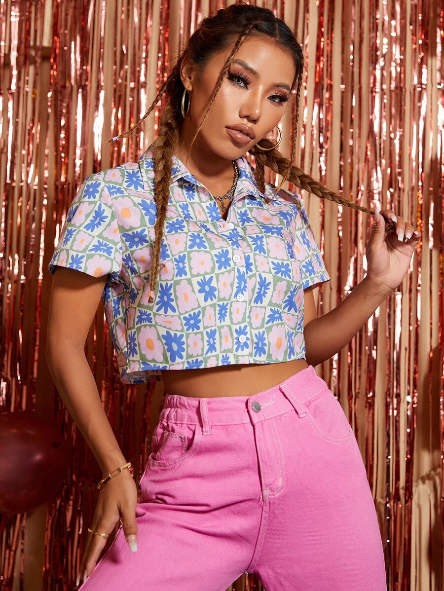 Allover Floral Print Crop Shirt - Multicolor - View 1