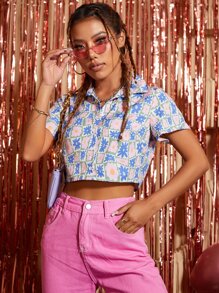 Allover Floral Print Crop Shirt - Multicolor - View 3