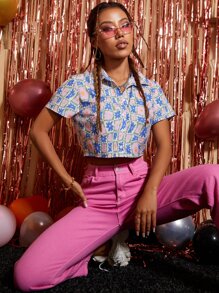 Allover Floral Print Crop Shirt - Multicolor - View 4