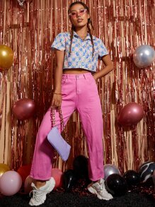 Allover Floral Print Crop Shirt - Multicolor - View 5