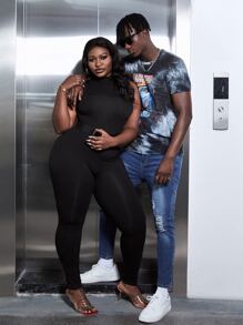 Slaydiva Jumpsuits Plus Size màu trơn Gợi cảm - màu đen - Xem 3