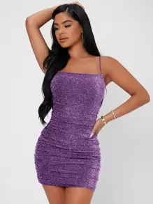 SHEIN PETITE Vestido ajustado de espalda abierta fruncido brillante