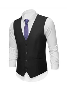 Manfinity Mode 男士1入組前紐扣馬甲 - 黑色 - 查看 1