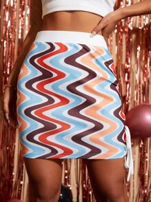 SHEIN Unity 撞色波浪條紋結側開衩下擺半身裙 - 彩色 - 查看 3