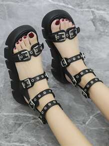 ROMWE Grunge Punk Eyelet & Buckle Decor Gladiator Sandals - Black - View 4
