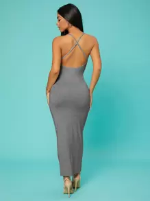 SHEIN SXY Solid Criss-cross Backless Bodycon Dress - Grey - View 2