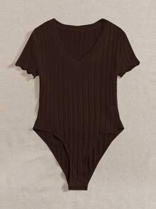 SHEIN EZwear Solid Ribbed Knit V Neck Bodysuit For Summer