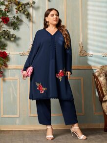 Mulvari Plus Lace Trim Flower Embroidery Top & Trousers Set - Navy Blue - View 2