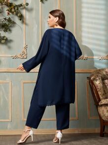 Mulvari Plus Lace Trim Flower Embroidery Top & Trousers Set - Navy Blue - View 3