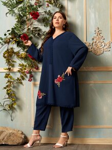 Mulvari Plus Lace Trim Flower Embroidery Top & Trousers Set - Navy Blue - View 4