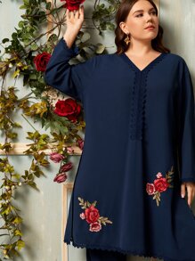 Mulvari Plus Lace Trim Flower Embroidery Top & Trousers Set - Navy Blue - View 5