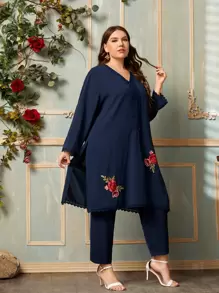 Mulvari Plus Lace Trim Flower Embroidery Top & Trousers Set - Navy Blue - View 1