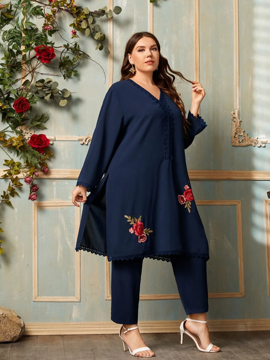 Mulvari Plus Lace Trim Flower Embroidery Top & Trousers Set - Navy Blue - View 1