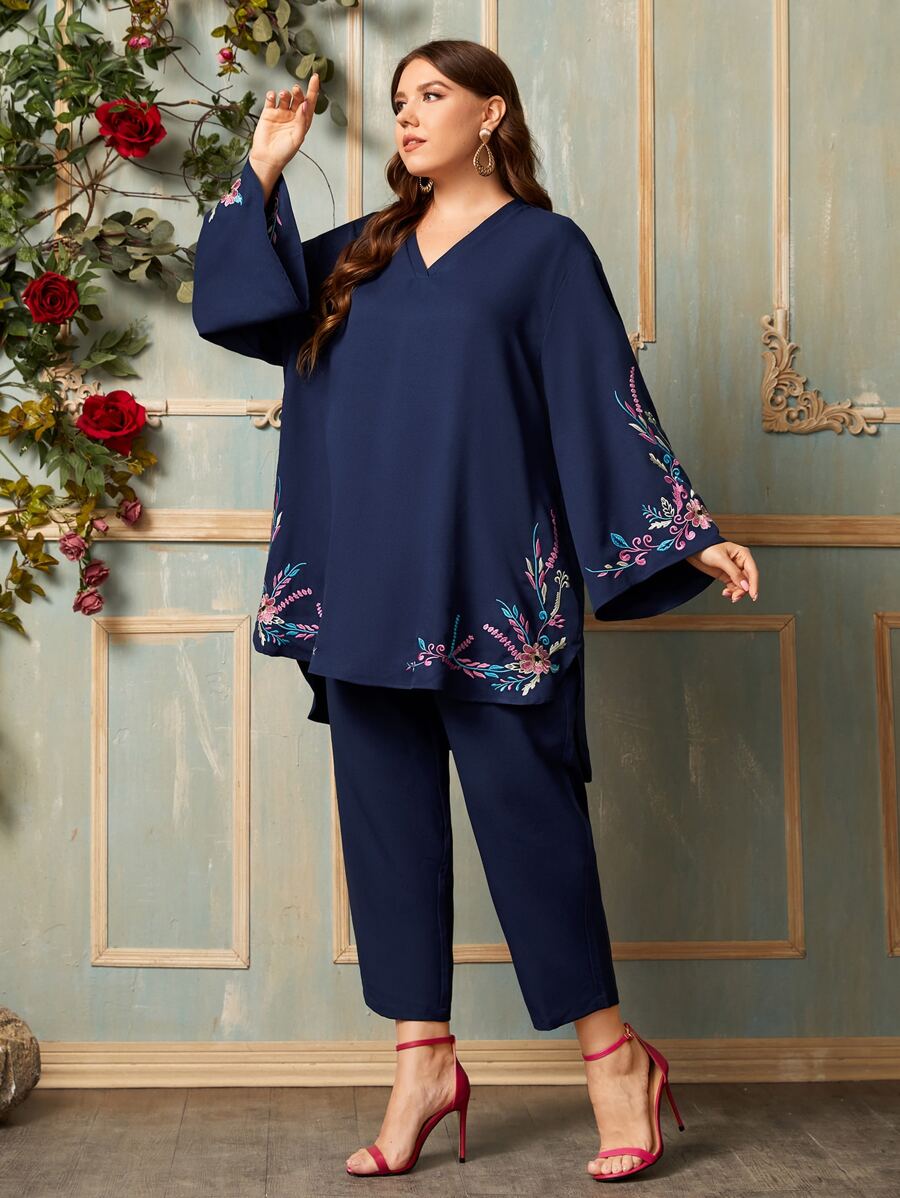 Mulvari Plus Floral Embroidery High Low Top & Trousers Set - Navy Blue - View 1