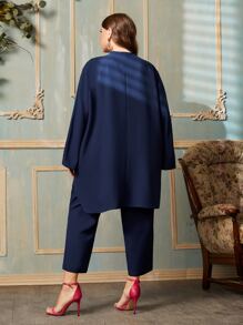 Mulvari Plus Floral Embroidery High Low Top & Trousers Set - Navy Blue - View 2