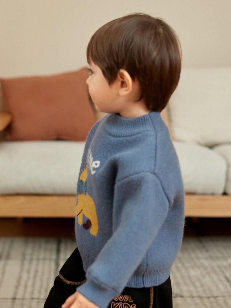 Niñito Jersey con estampado de letra y dibujos animados de hombros caídos - Neblina azul - Añade 4