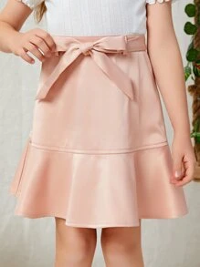 Anaïs Mérel Niñas Falda unicolor bajo con fruncido con cinturón - Rosa Pálido - Ver 1