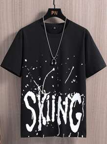 Manfinity Hombres Camiseta con estampado de pintura y de letra - Negro - Ver 1