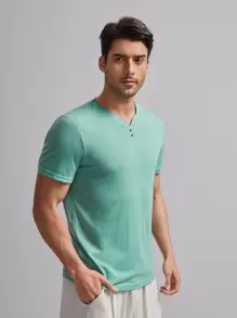 Manfinity VCAY Hombres Camiseta de cuello de muesca con botón - verde menta - Ver 1