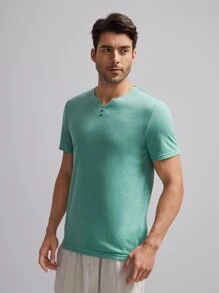 Manfinity VCAY Hombres Camiseta de cuello de muesca con botón - verde menta - Ver 4