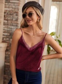 SHEIN Lace Detail Velvet Cami Top - Maroon - View 1