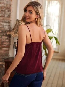 SHEIN Lace Detail Velvet Cami Top - Maroon - View 2