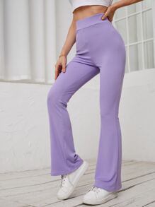 Pantalones acampanados tejido de canalé de talle alto - Lila Púrpura - Ver 1