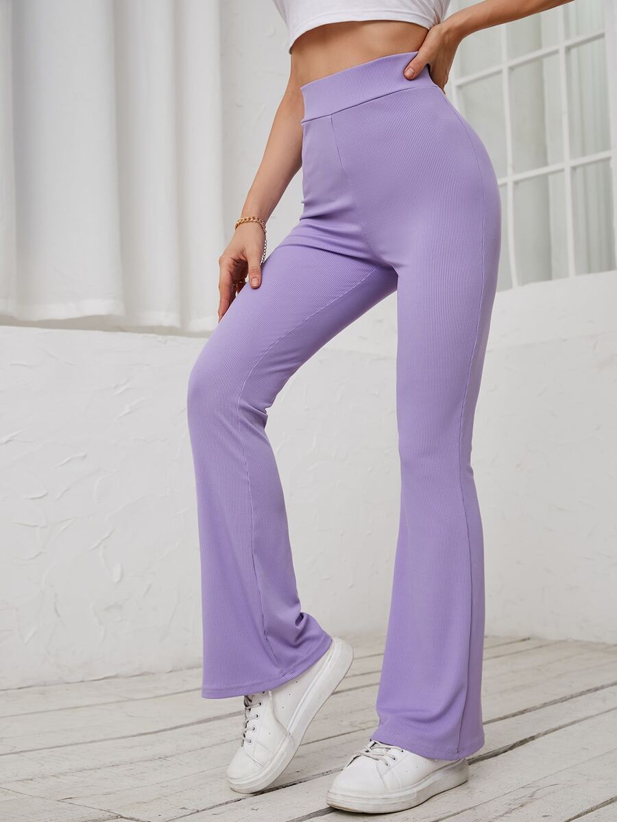 Pantalones acampanados tejido de canalé de talle alto - Lila Púrpura - Ver 1