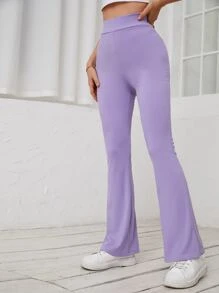 Pantalones acampanados tejido de canalé de talle alto - Lila Púrpura - Ver 5