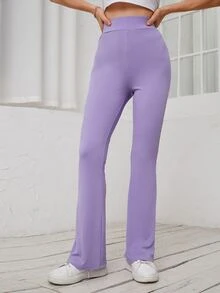 Pantalones acampanados tejido de canalé de talle alto - Lila Púrpura - Ver 6