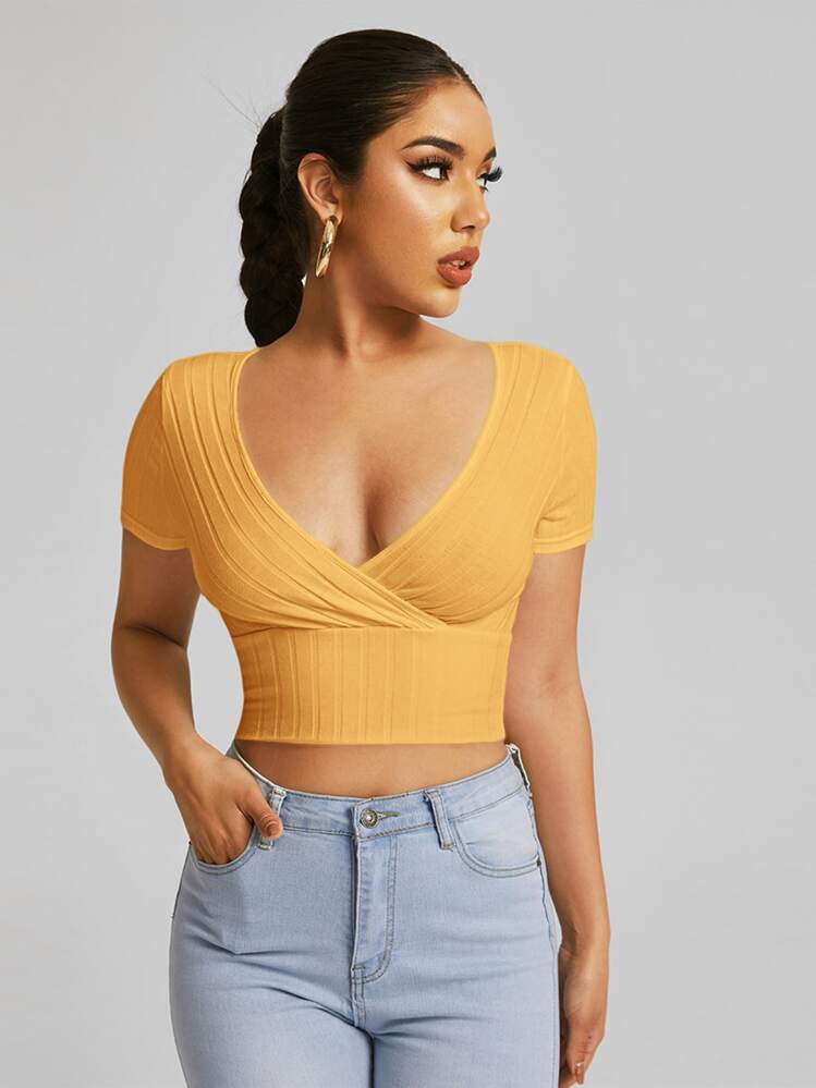 SHEIN EZwear Surplice Neck Crop Tee - Yellow - View 1