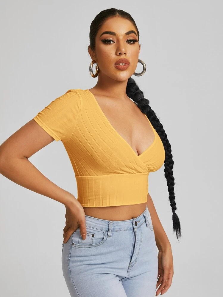 SHEIN EZwear Surplice Neck Crop Tee - Yellow - View 3