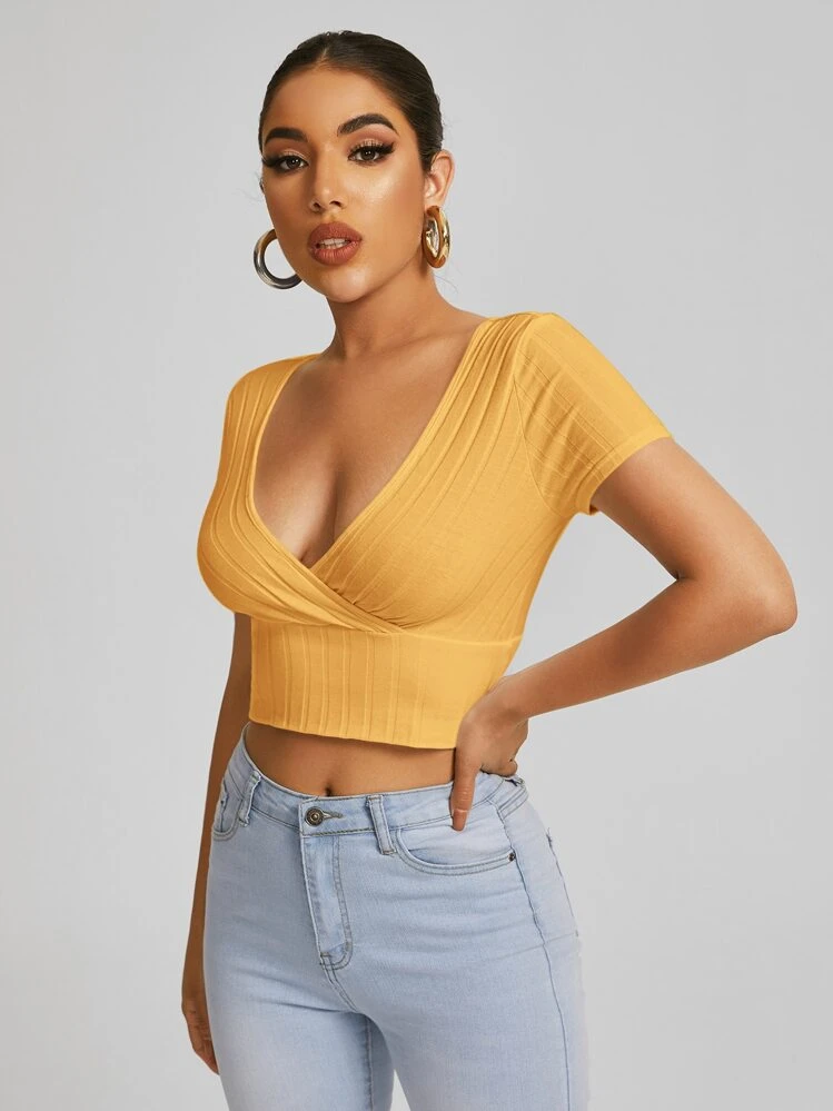 SHEIN EZwear Surplice Neck Crop Tee - Yellow - View 4