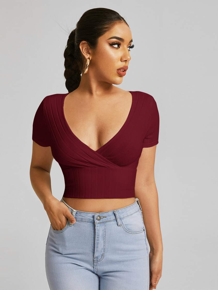 Muchica Surplice Neck Crop Tee - Burgundy - View 1