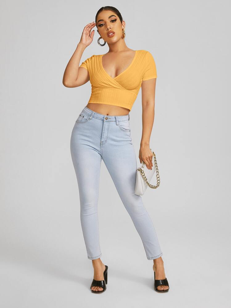 SHEIN EZwear Surplice Neck Crop Tee - Yellow - View 5