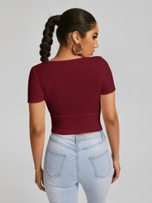 Muchica Surplice Neck Crop Tee - Burgundy - View 2