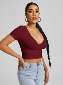 Muchica Surplice Neck Crop Tee - Burgundy - View 3