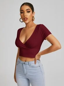 Muchica Surplice Neck Crop Tee - Burgundy - View 4