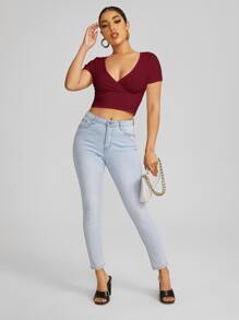 Muchica Surplice Neck Crop Tee - Burgundy - View 5