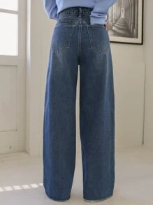 DAZY 高腰斜口袋毛边剪裁牛仔裤，返校服 - 中等水洗藍 - 查看 5