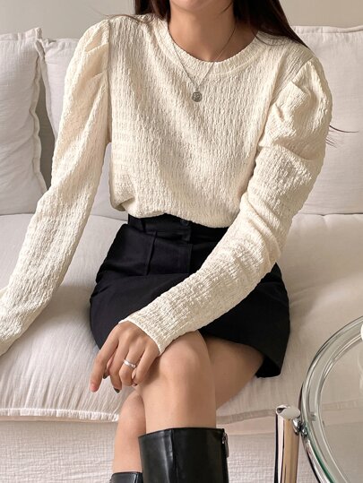 DAZY Solid Puff Sleeve Textured Blouse,Long Sleeve Tops,Fall Clothes Preppy Tops