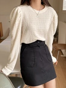 DAZY Blusa texturizada de manga abultada sólida, blusas de manga larga, ropa de otoño, blusas con estilo preppy - Beis - Ver 3