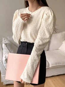 DAZY Blusa texturizada de manga abultada sólida, blusas de manga larga, ropa de otoño, blusas con estilo preppy - Beis - Ver 6